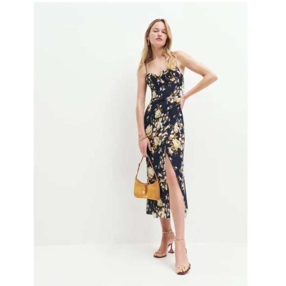 Reformation Black and Yellow Floral Midi Dress